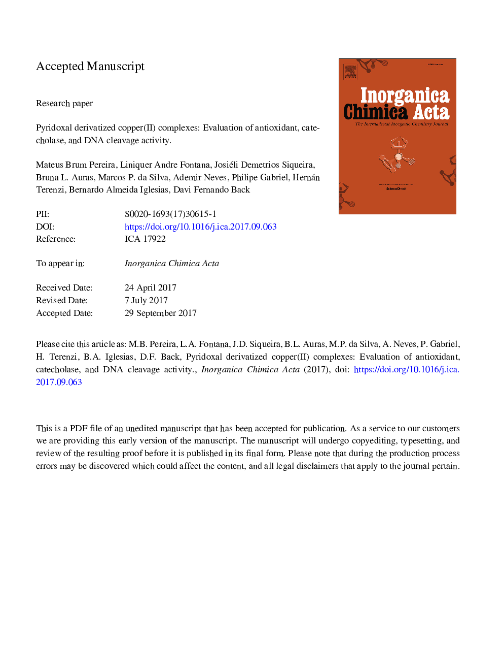 عکس صفحه اول مقاله: Pyridoxal derivatized copper(II) complexes: Evaluation of antioxidant, catecholase, and DNA cleavage activity Pyridoxal derivatized copper(II) complexes: Evaluation of antioxidant, catecholase, and DNA cleavage activity
