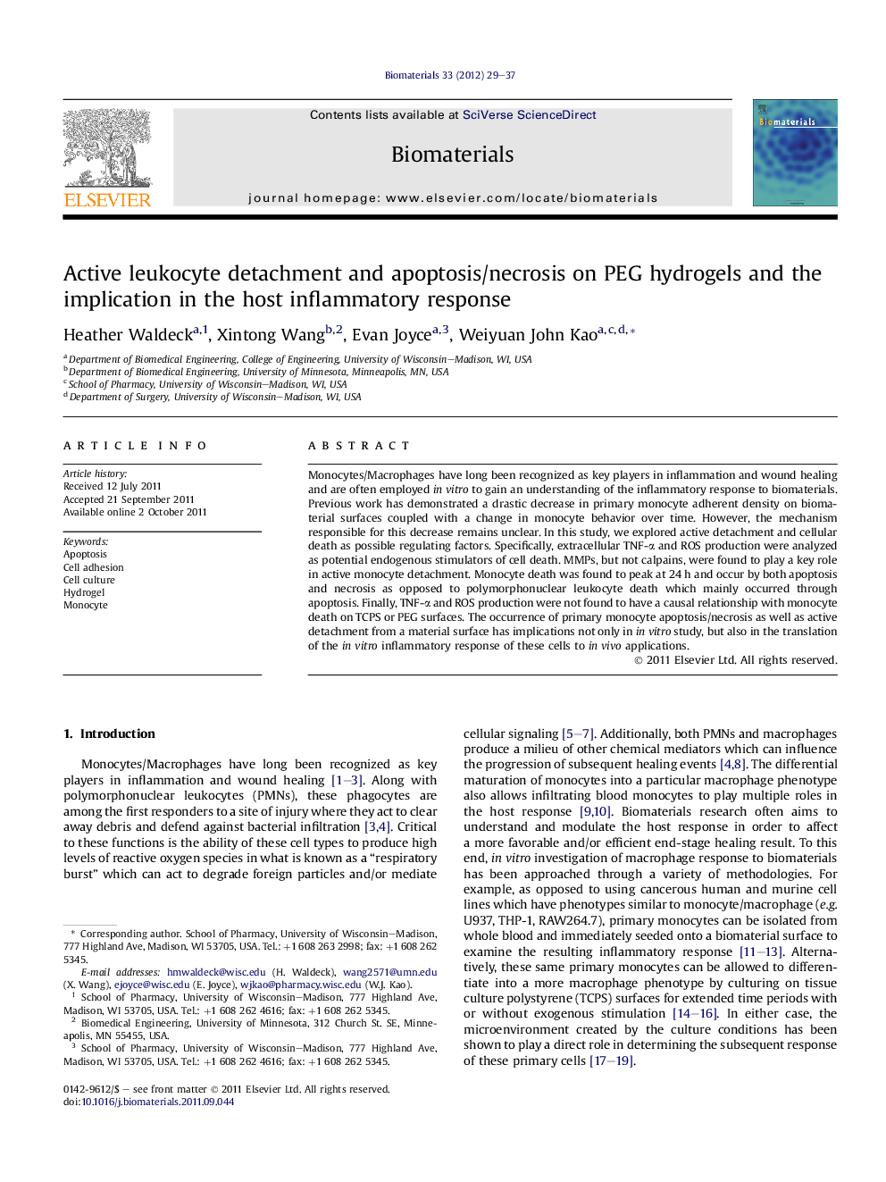 Active leukocyte detachment and apoptosis/necrosis on PEG hydrogels and the implication in the host inflammatory response