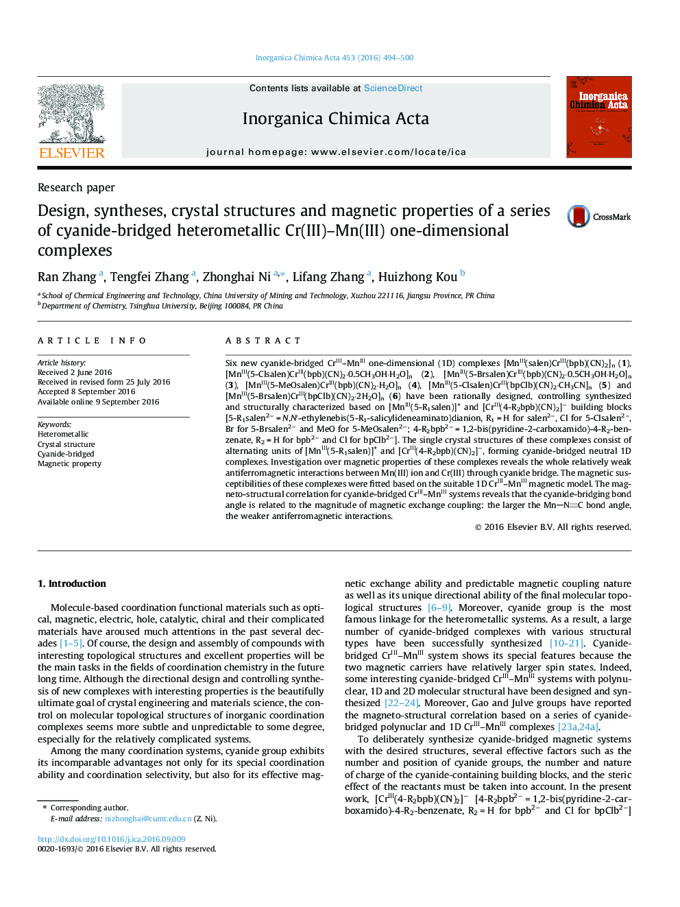 Design, syntheses, crystal structures and magnetic properties of a series of cyanide-bridged heterometallic Cr(III)-Mn(III) one-dimensional complexes
