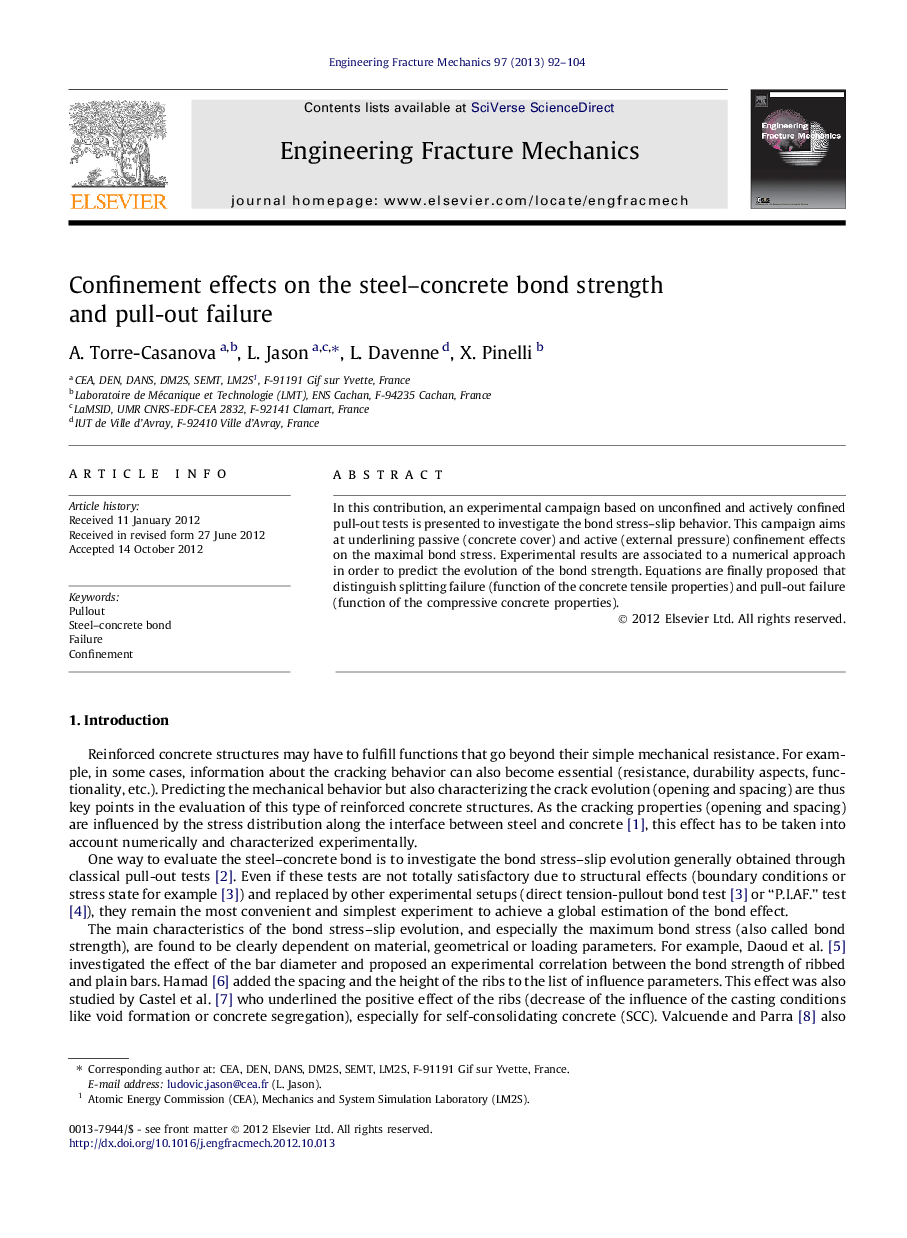 Confinement effects on the steel–concrete bond strength and pull-out failure