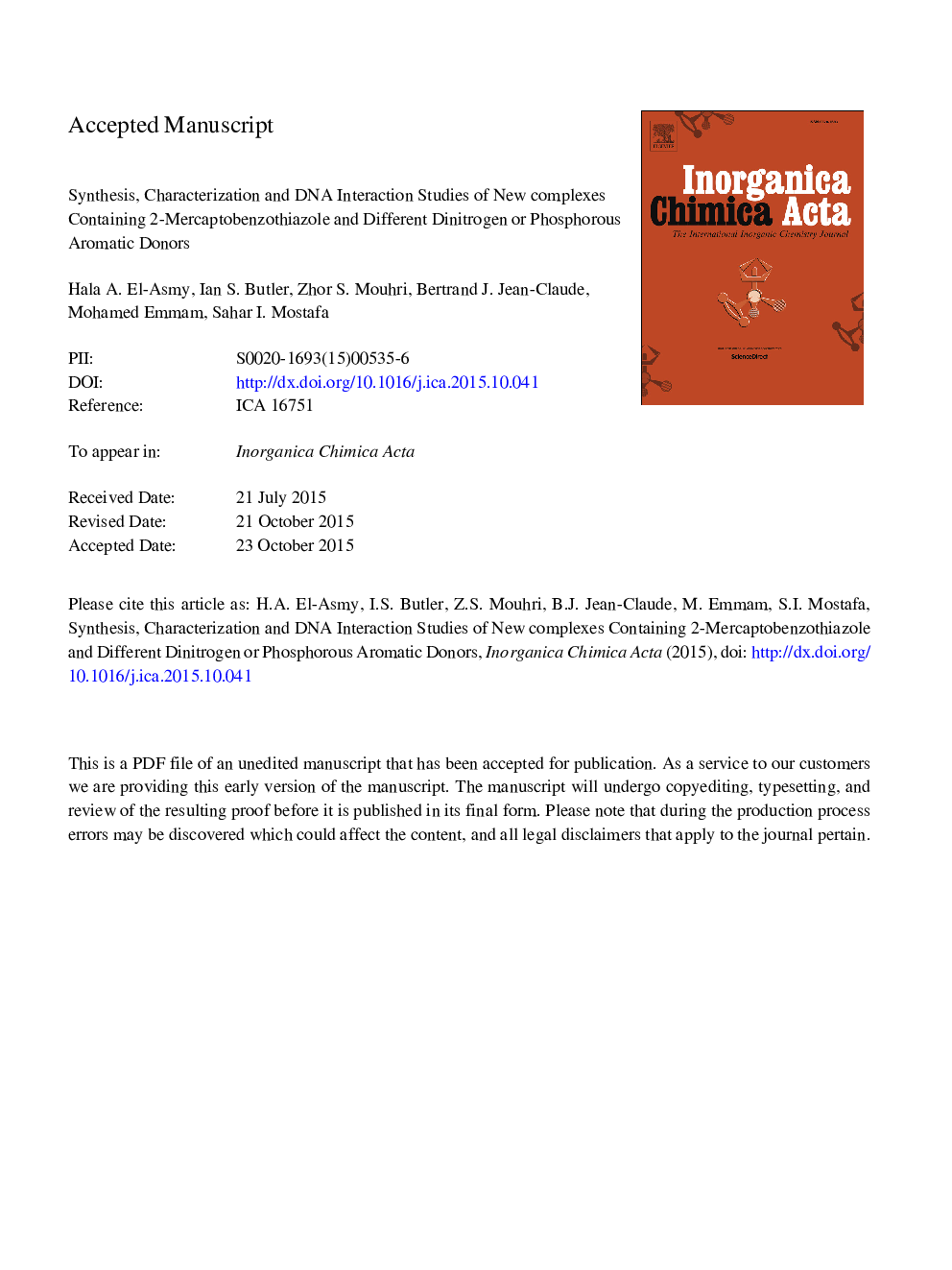 Synthesis, characterization and DNA interaction studies of new complexes containing 2-mercaptobenzothiazole and different dinitrogen or phosphorous aromatic donors