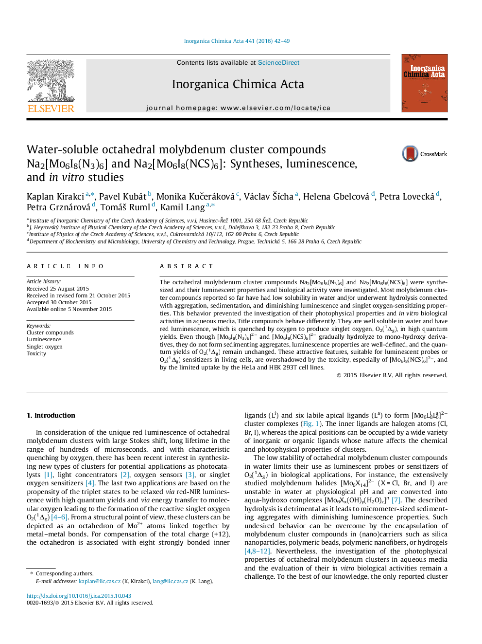 Water-soluble octahedral molybdenum cluster compounds Na2[Mo6I8(N3)6] and Na2[Mo6I8(NCS)6]: Syntheses, luminescence, and in vitro studies