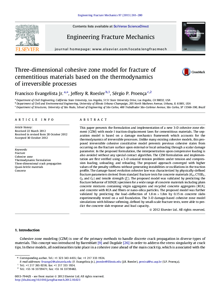Three-dimensional cohesive zone model for fracture of cementitious materials based on the thermodynamics of irreversible processes