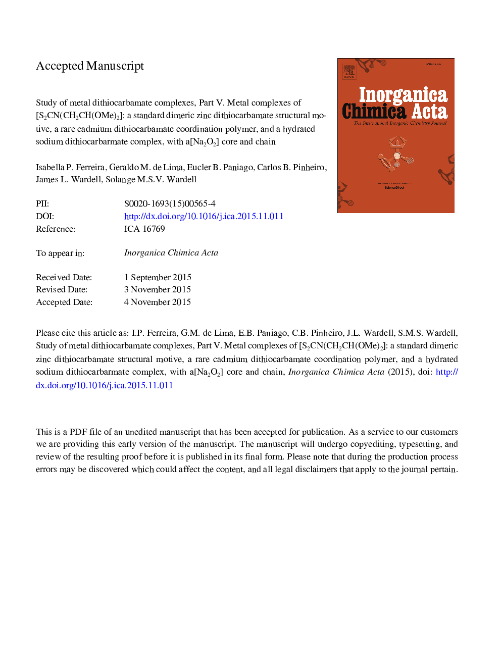 Study of metal dithiocarbamate complexes, Part V. Metal complexes of [S2CN(CH2CH(OMe)2]: A standard dimeric zinc dithiocarbamate structural motive, a rare cadmium dithiocarbamate coordination polymer, and a hydrated sodium dithiocarbarmate complex, with a