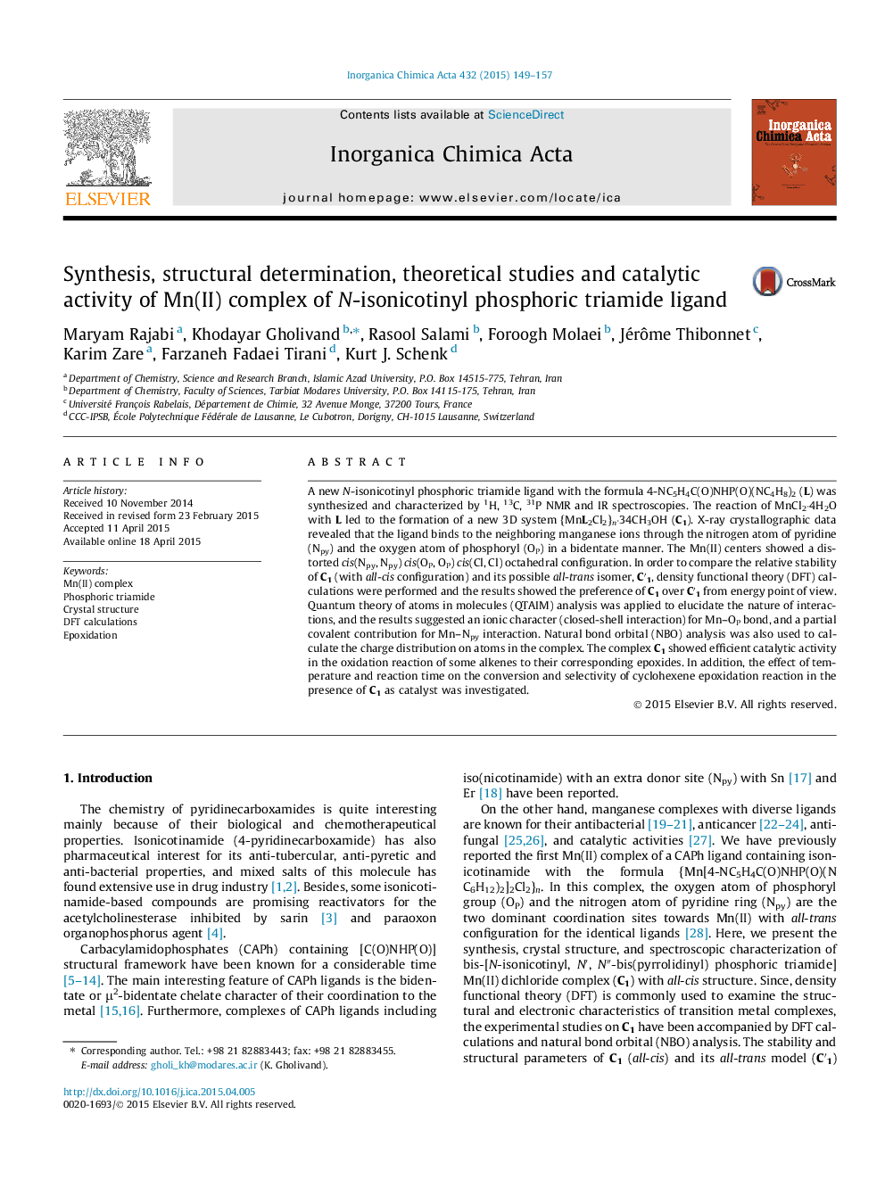 Synthesis, structural determination, theoretical studies and catalytic activity of Mn(II) complex of N-isonicotinyl phosphoric triamide ligand