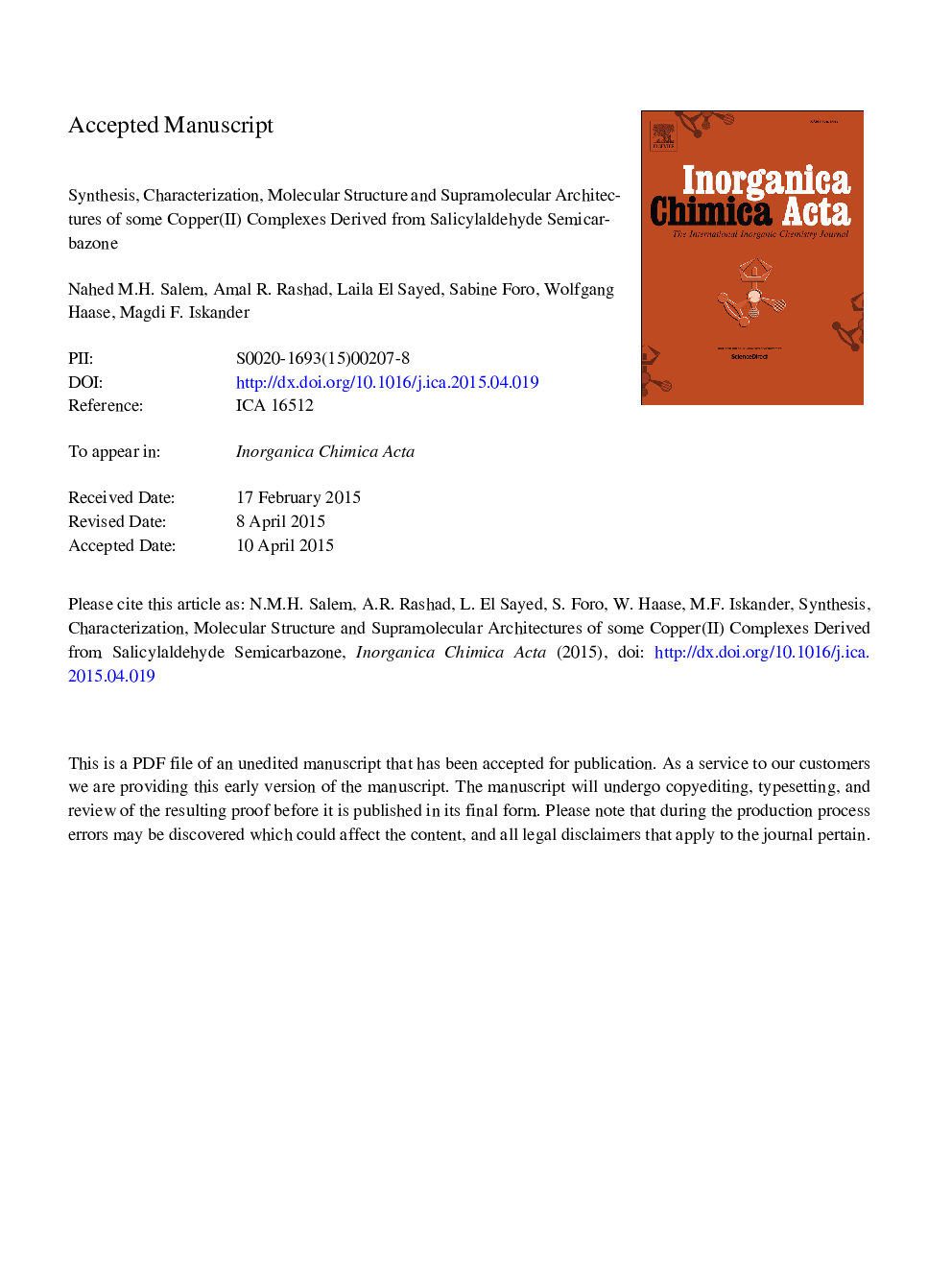 Synthesis, characterization, molecular structure and supramolecular architectures of some copper(II) complexes derived from salicylaldehyde semicarbazone