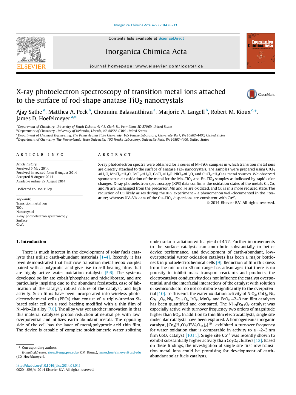 X-ray photoelectron spectroscopy of transition metal ions attached to the surface of rod-shape anatase TiO2 nanocrystals