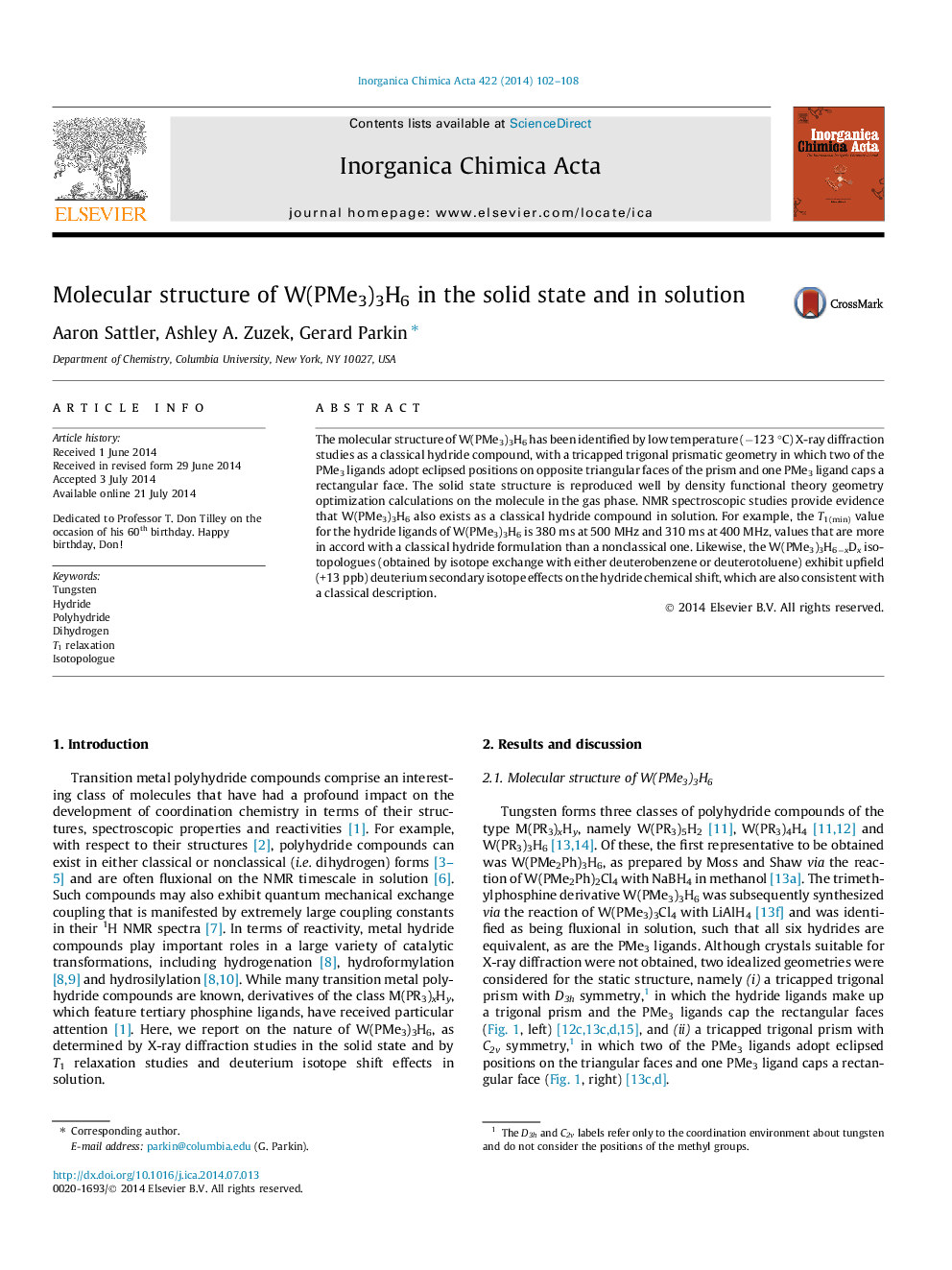 Molecular structure of W(PMe3)3H6 in the solid state and in solution