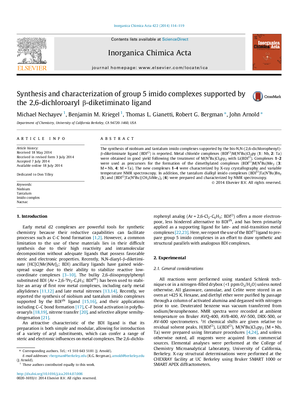 Synthesis and characterization of group 5 imido complexes supported by the 2,6-dichloroaryl Î²-diketiminato ligand