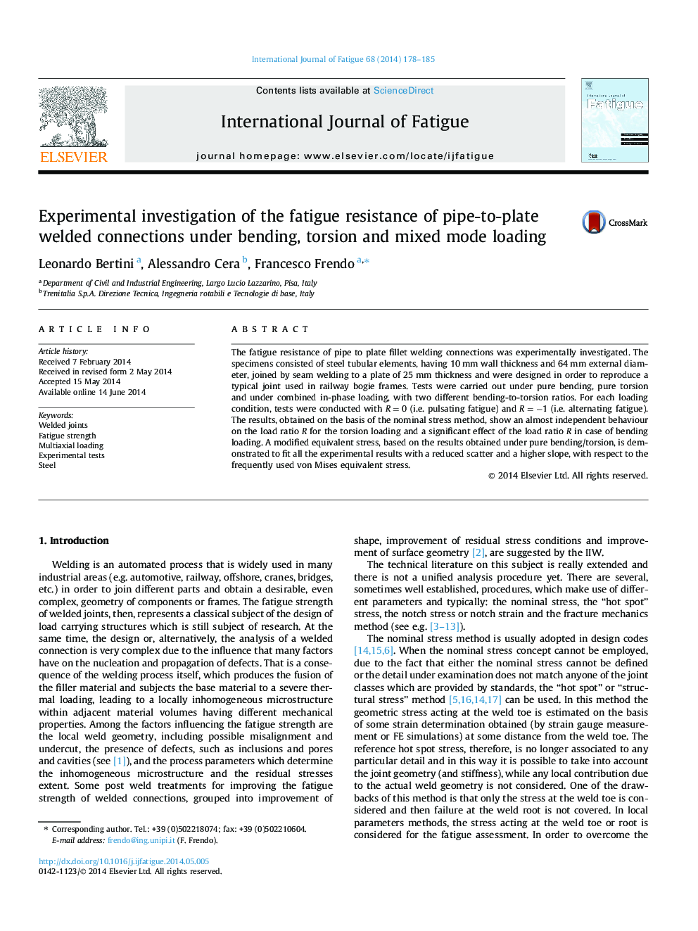 Experimental investigation of the fatigue resistance of pipe-to-plate welded connections under bending, torsion and mixed mode loading