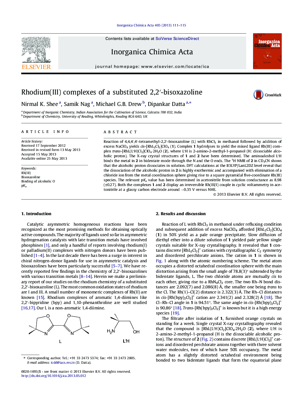 Rhodium(III) complexes of a substituted 2,2â²-bisoxazoline