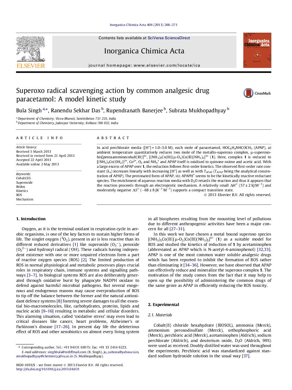 Superoxo radical scavenging action by common analgesic drug paracetamol: A model kinetic study