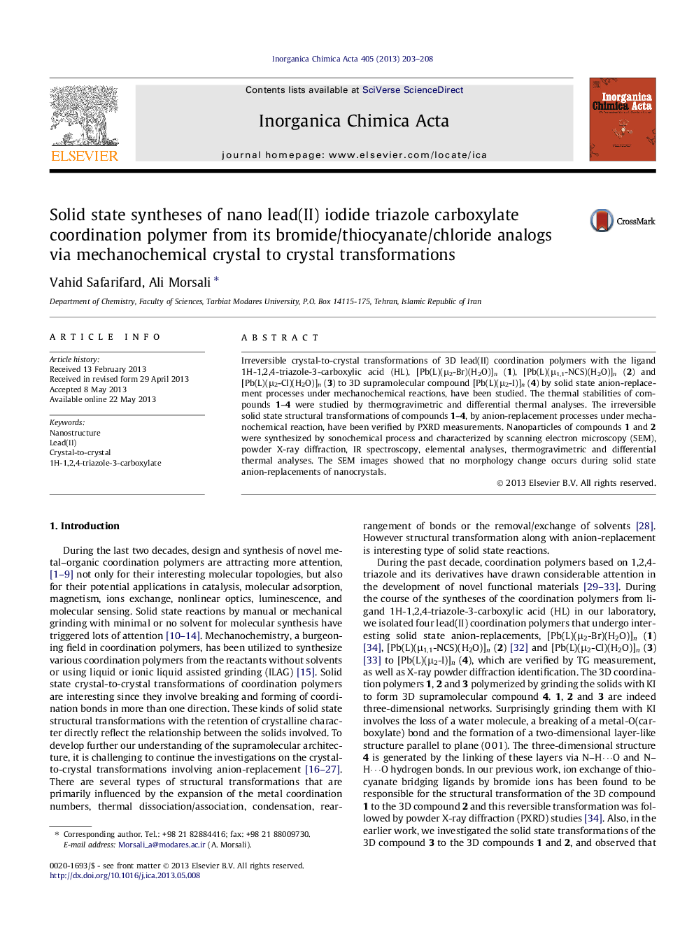 Solid state syntheses of nano lead(II) iodide triazole carboxylate coordination polymer from its bromide/thiocyanate/chloride analogs via mechanochemical crystal to crystal transformations