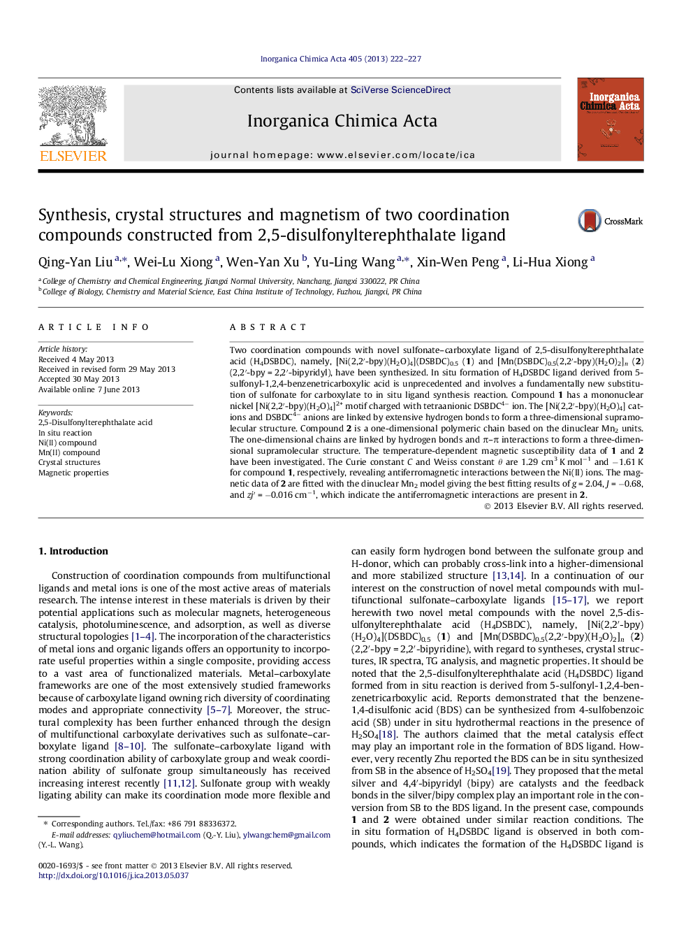 عکس صفحه اول مقاله: Synthesis, crystal structures and magnetism of two coordination compounds constructed from 2,5-disulfonylterephthalate ligand Synthesis, crystal structures and magnetism of two coordination compounds constructed from 2,5-disulfonylterephthalate ligand