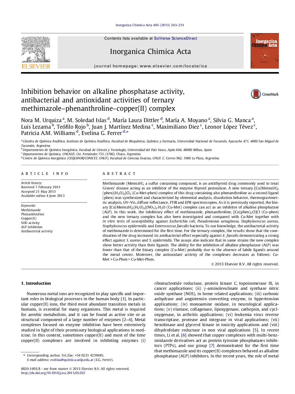 Inhibition behavior on alkaline phosphatase activity, antibacterial and antioxidant activities of ternary methimazole-phenanthroline-copper(II) complex