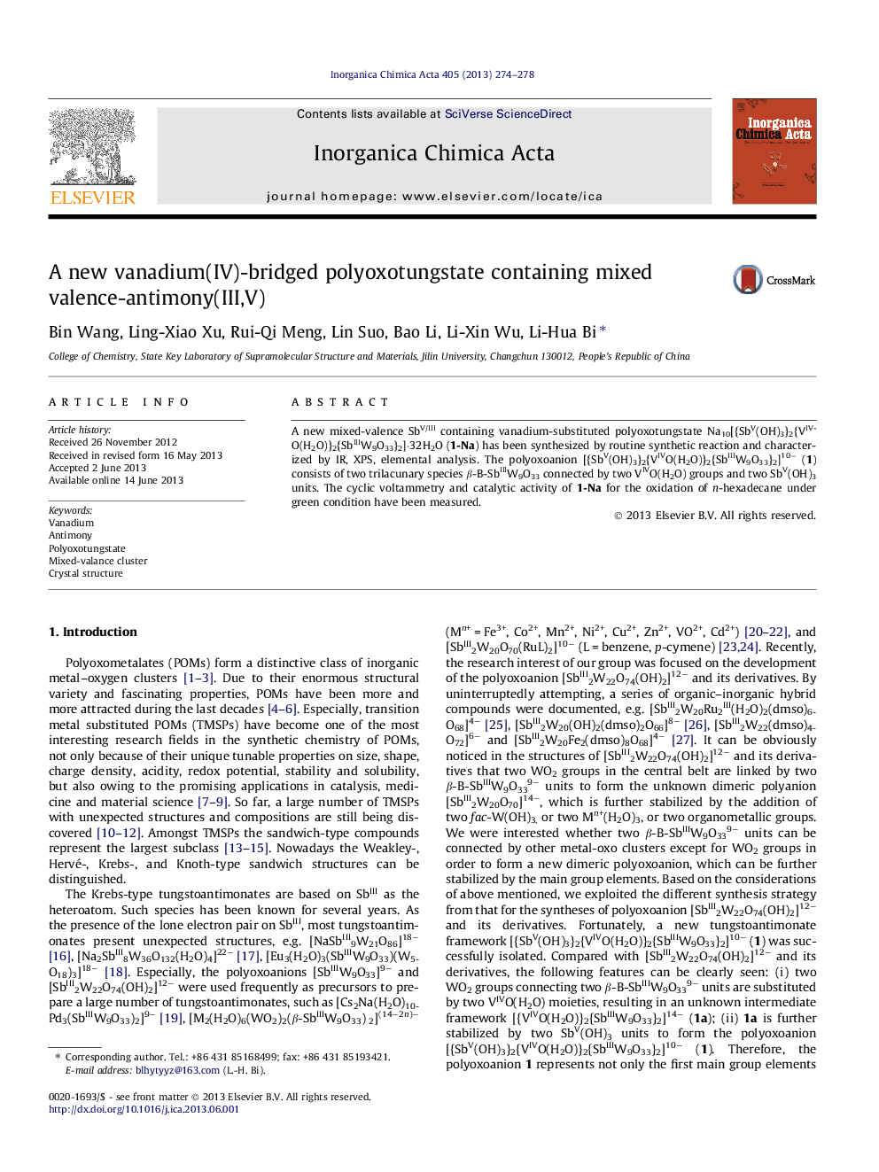 A new vanadium(IV)-bridged polyoxotungstate containing mixed valence-antimony(III,V)