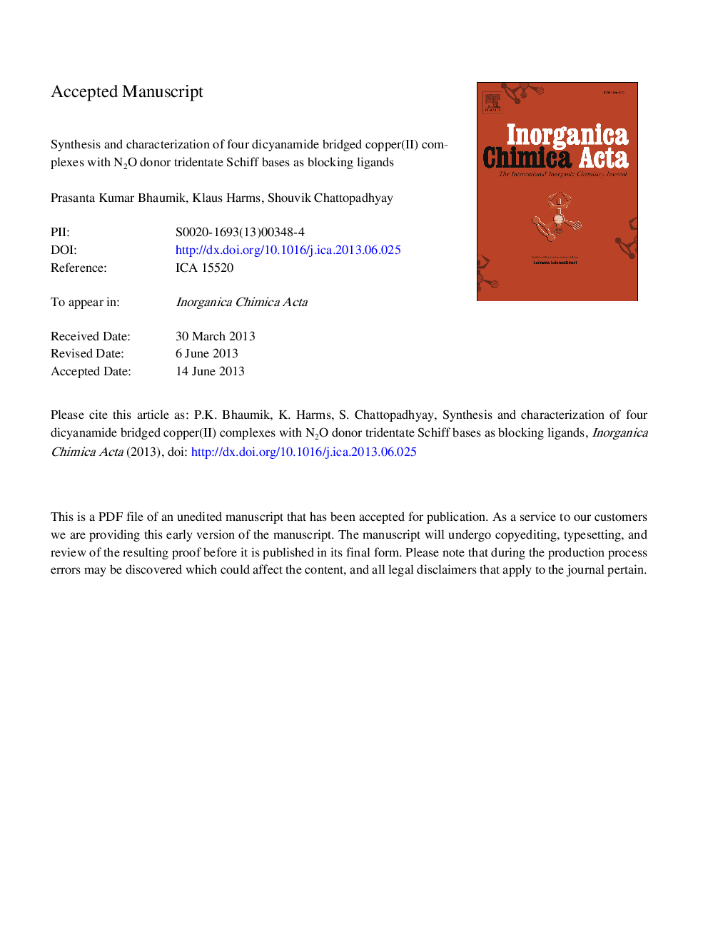 Synthesis and characterization of four dicyanamide bridged copper(II) complexes with N2O donor tridentate Schiff bases as blocking ligands