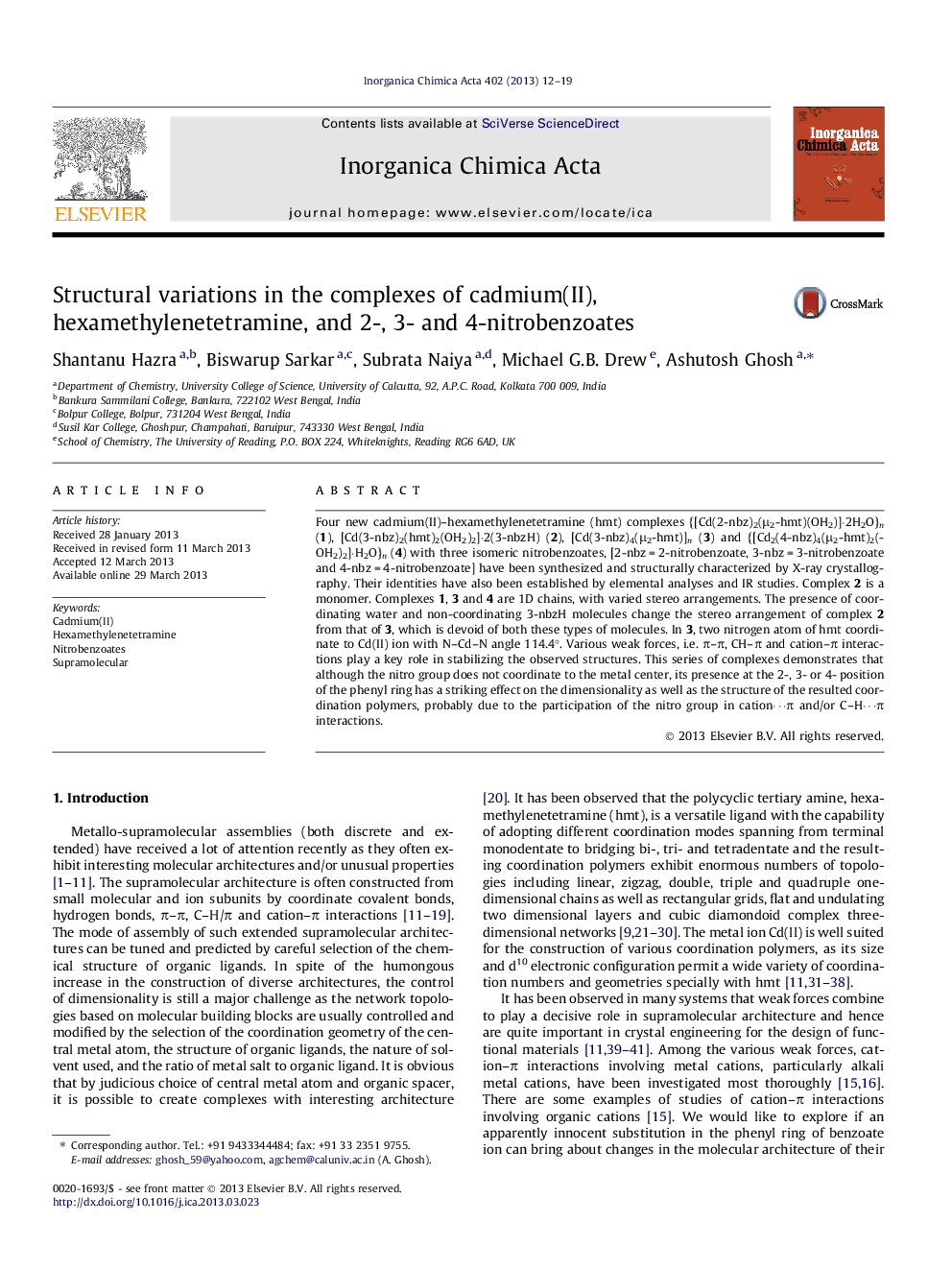 Structural variations in the complexes of cadmium(II), hexamethylenetetramine, and 2-, 3- and 4-nitrobenzoates