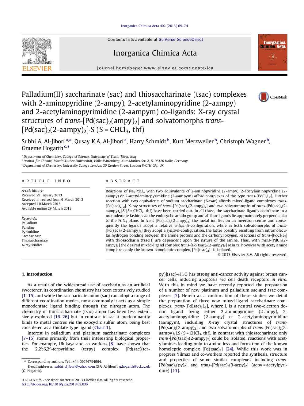 Palladium(II) saccharinate (sac) and thiosaccharinate (tsac) complexes with 2-aminopyridine (2-ampy), 2-acetylaminopyridine (2-aampy) and 2-acetylaminopyrimidine (2-aampym) co-ligands: X-ray crystal structures of trans-[Pd(sac)2(ampy)2] and solvatomorphs 