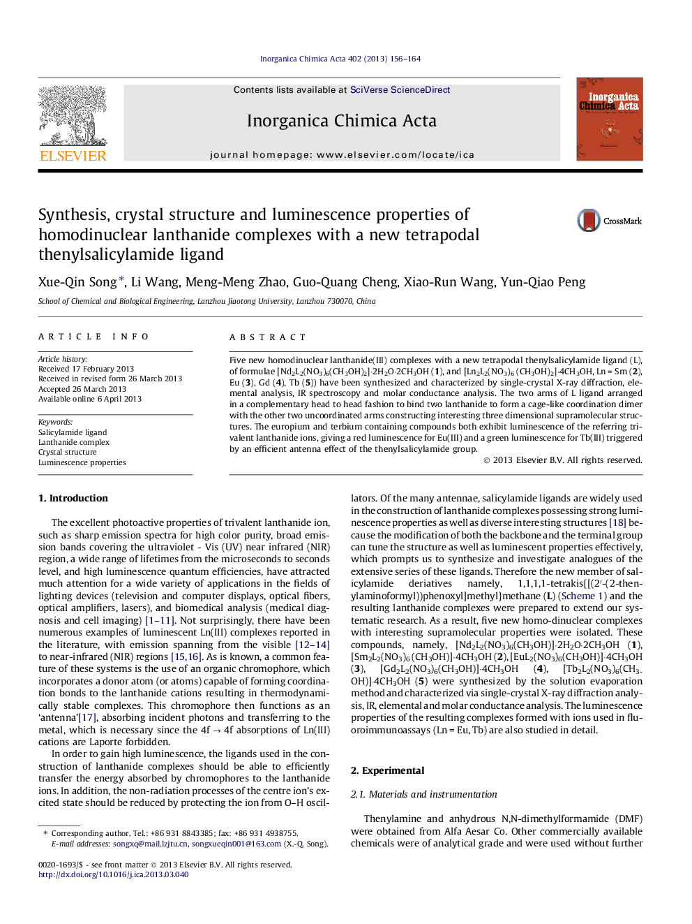 Synthesis, crystal structure and luminescence properties of homodinuclear lanthanide complexes with a new tetrapodal thenylsalicylamide ligand