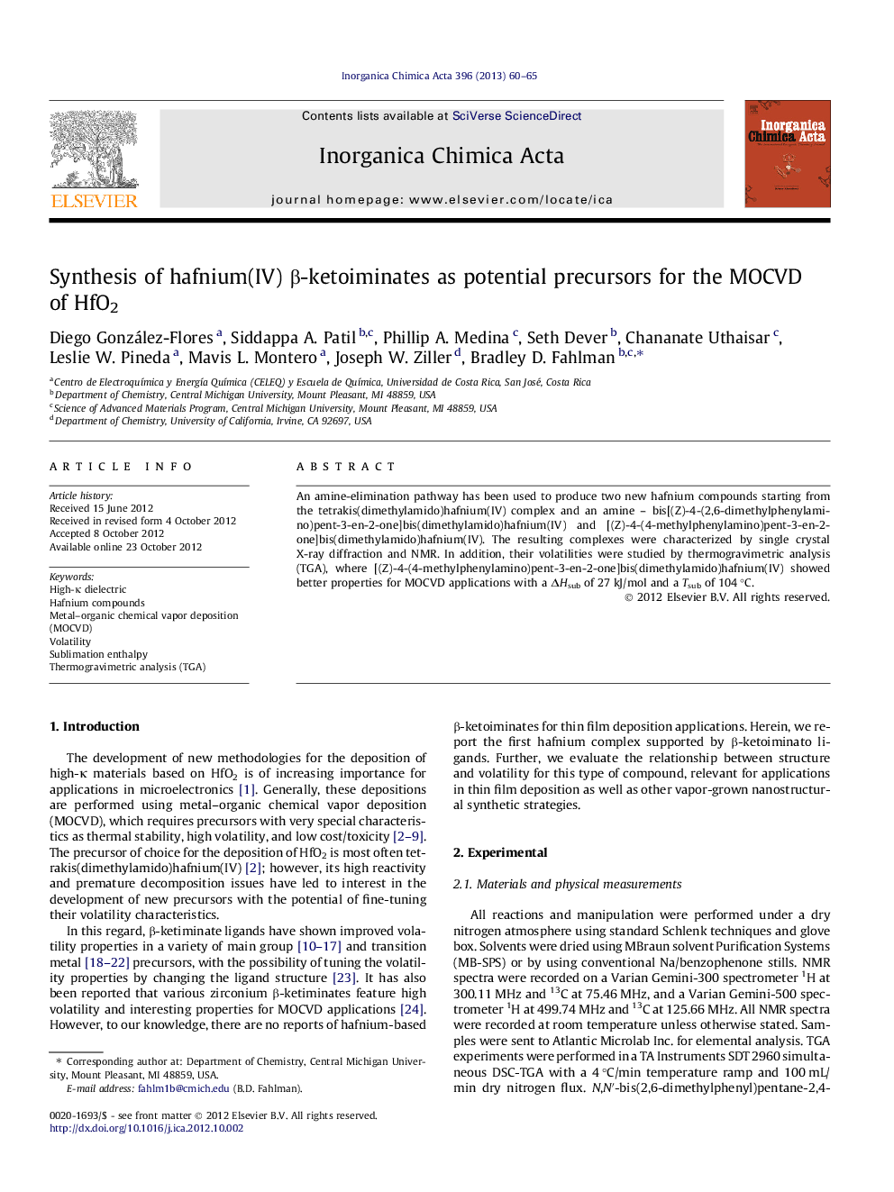 Synthesis of hafnium(IV) Î²-ketoiminates as potential precursors for the MOCVD of HfO2