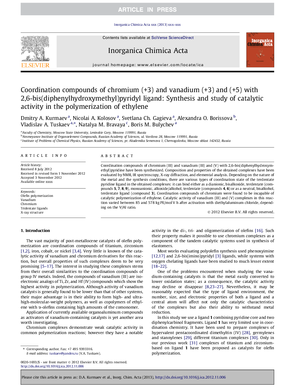 ترکیبات ترکیب کروم (+3) و وانادیوم (+3) و (+5) با 2،6-بیست (دیفنیل هیدروکسیمیل) پییریدیل لیگاند: سنتز و مطالعه فعالیت کاتالیزوری در پلیمریزاسیون اتیلن 