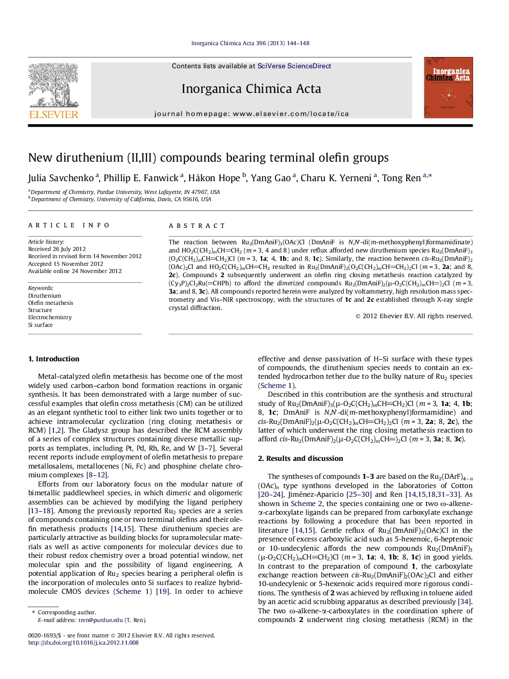 New diruthenium (II,III) compounds bearing terminal olefin groups