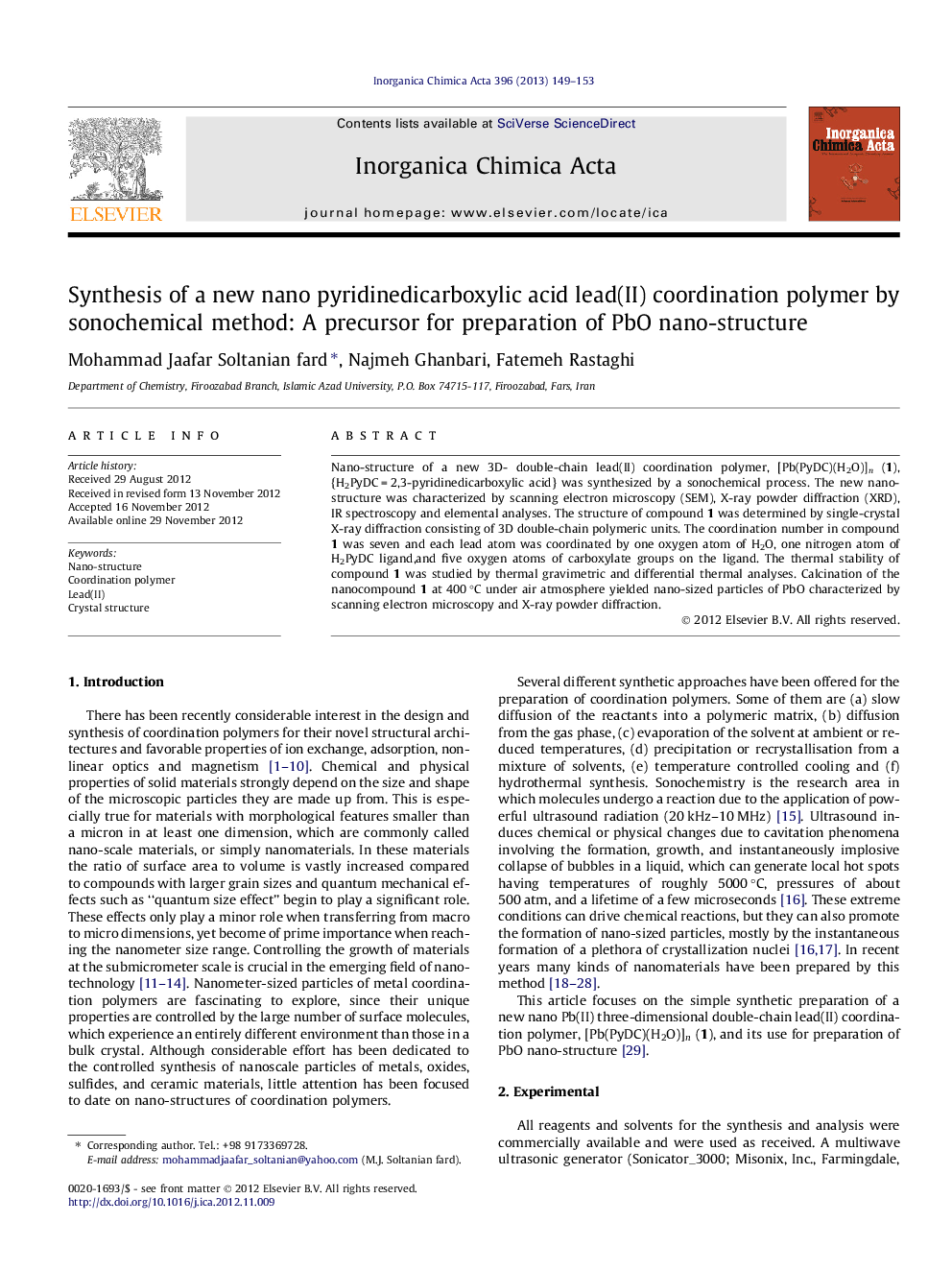 Synthesis of a new nano pyridinedicarboxylic acid lead(II) coordination polymer by sonochemical method: A precursor for preparation of PbO nano-structure