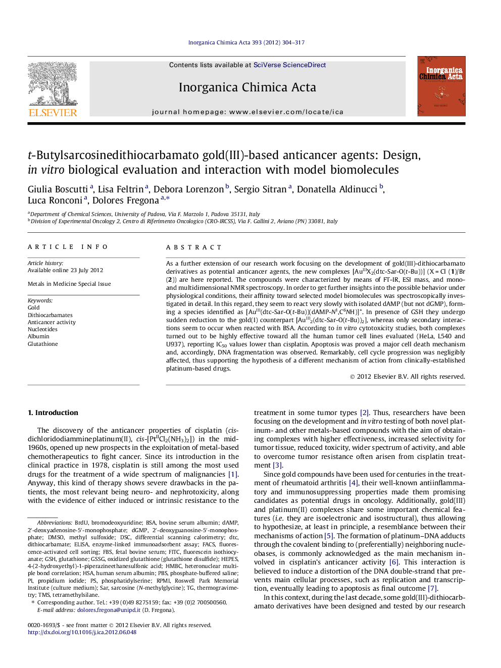 t-Butylsarcosinedithiocarbamato gold(III)-based anticancer agents: Design, in vitro biological evaluation and interaction with model biomolecules