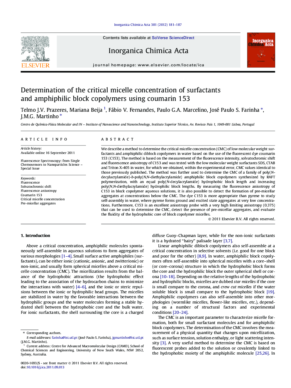 عکس صفحه اول مقاله: Determination of the critical micelle concentration of surfactants and amphiphilic block copolymers using coumarin 153 Determination of the critical micelle concentration of surfactants and amphiphilic block copolymers using coumarin 153