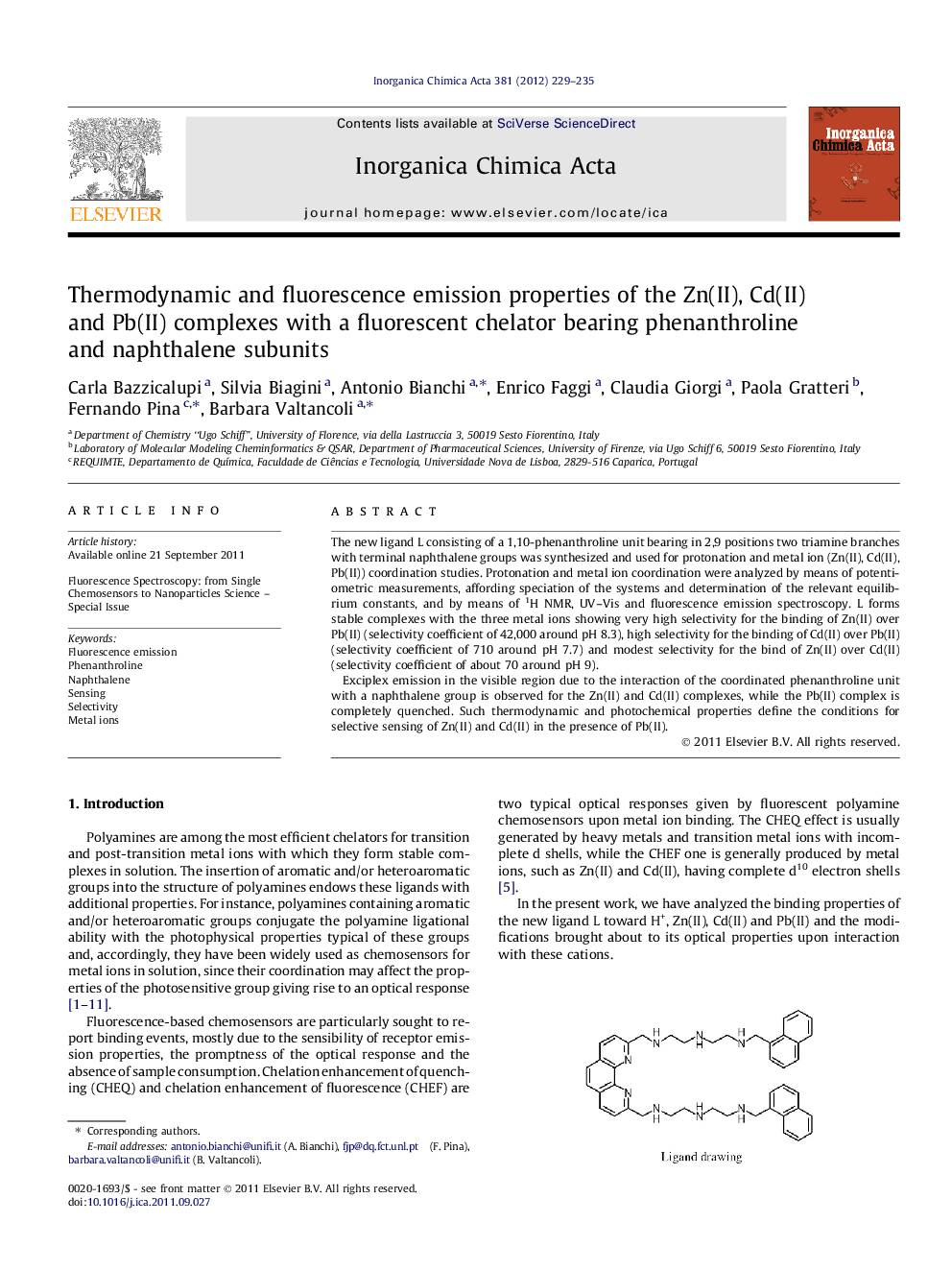 Thermodynamic and fluorescence emission properties of the Zn(II), Cd(II) and Pb(II) complexes with a fluorescent chelator bearing phenanthroline and naphthalene subunits