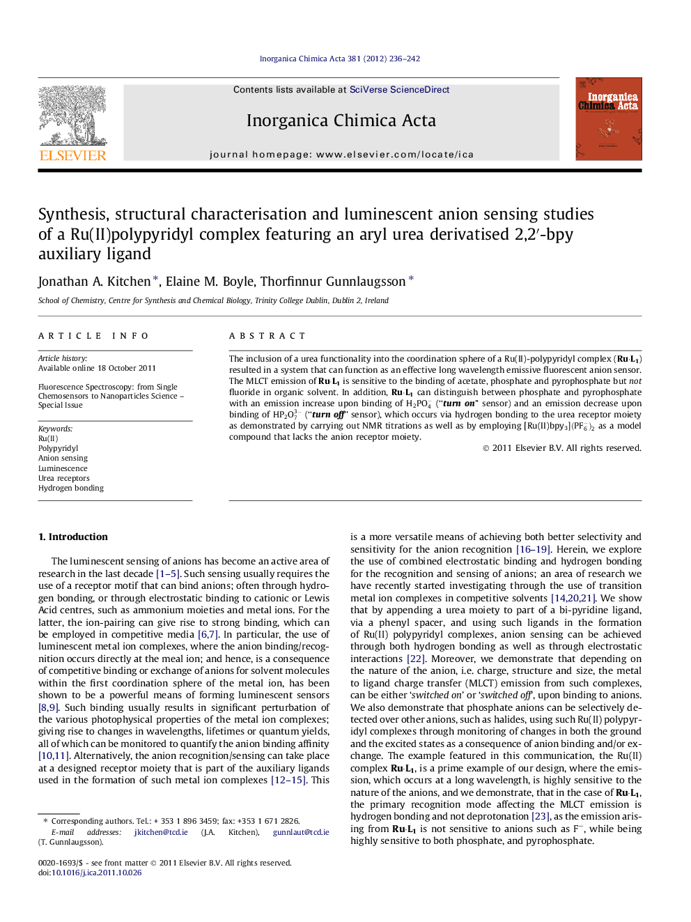 Synthesis, structural characterisation and luminescent anion sensing studies of a Ru(II)polypyridyl complex featuring an aryl urea derivatised 2,2â²-bpy auxiliary ligand