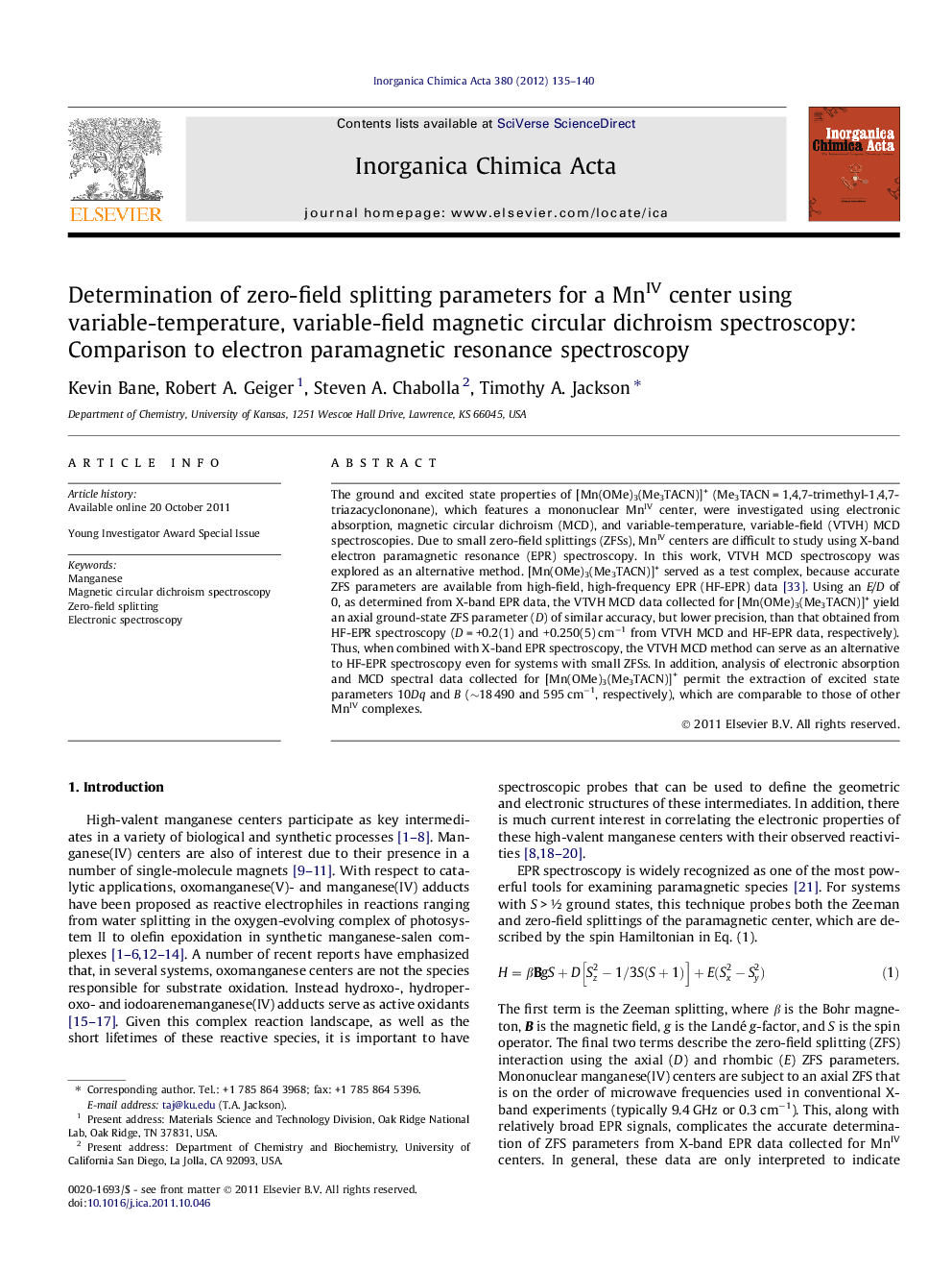 Determination of zero-field splitting parameters for a MnIV center using variable-temperature, variable-field magnetic circular dichroism spectroscopy: Comparison to electron paramagnetic resonance spectroscopy