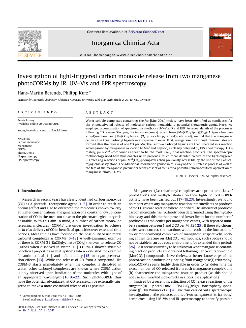 Investigation of light-triggered carbon monoxide release from two manganese photoCORMs by IR, UV-Vis and EPR spectroscopy