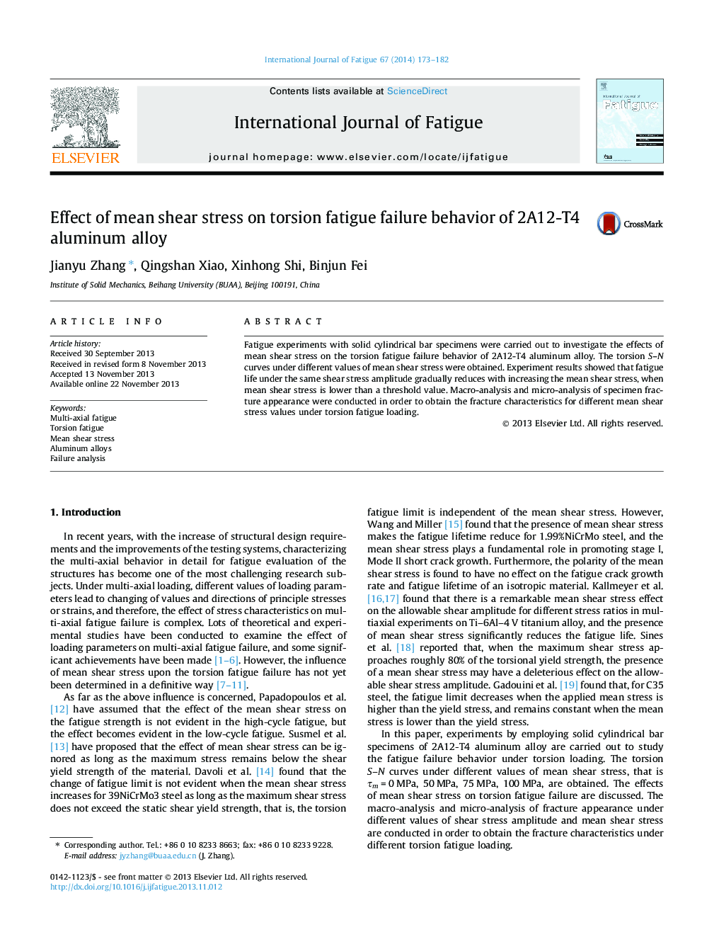 Effect of mean shear stress on torsion fatigue failure behavior of 2A12-T4 aluminum alloy