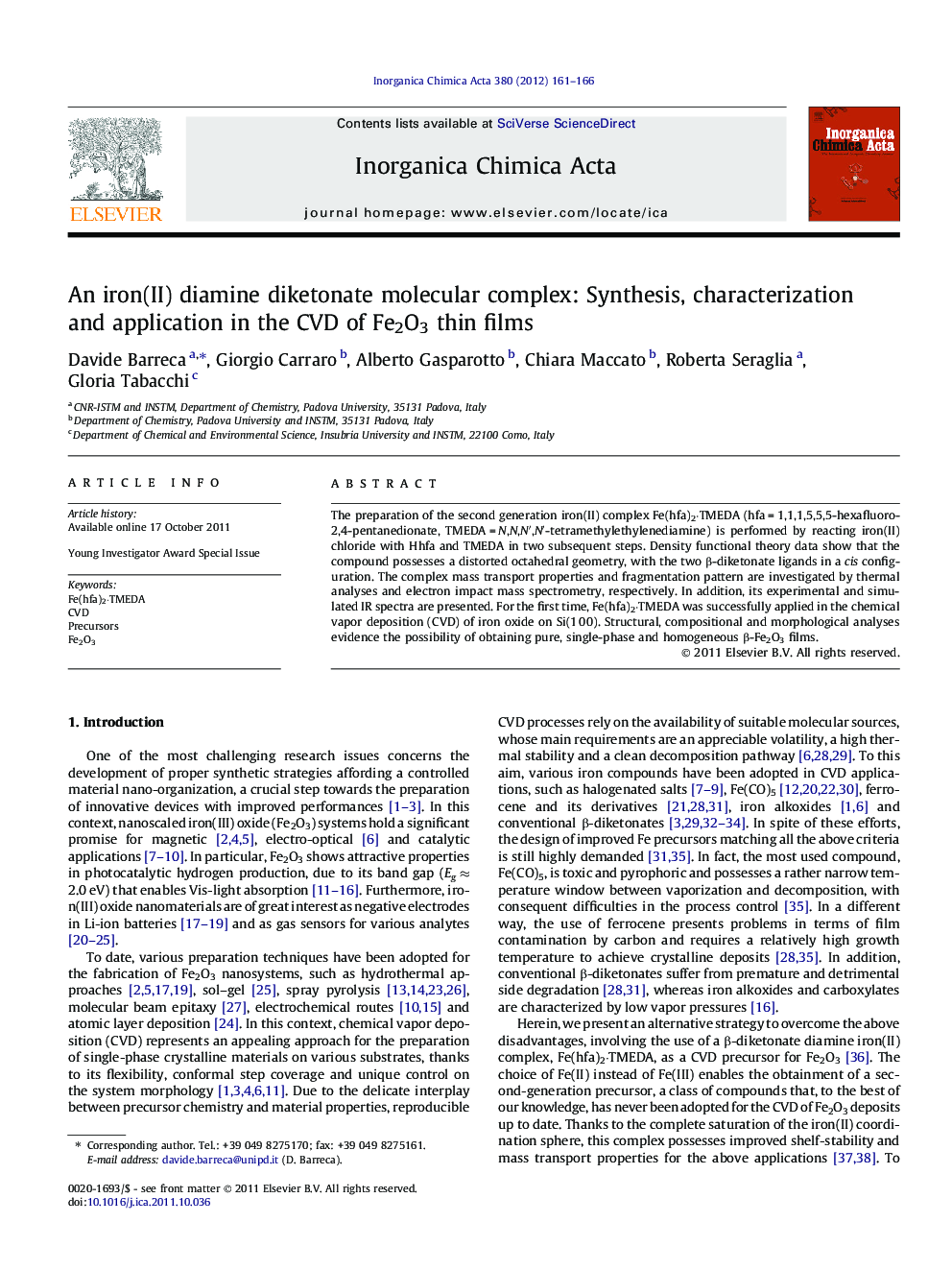 An iron(II) diamine diketonate molecular complex: Synthesis, characterization and application in the CVD of Fe2O3 thin films