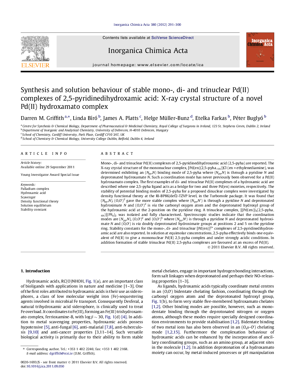 Synthesis and solution behaviour of stable mono-, di- and trinuclear Pd(II) complexes of 2,5-pyridinedihydroxamic acid: X-ray crystal structure of a novel Pd(II) hydroxamato complex