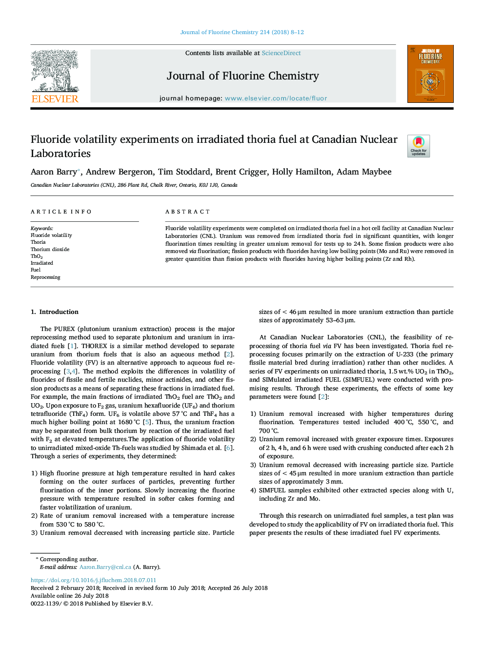 Fluoride volatility experiments on irradiated thoria fuel at Canadian Nuclear Laboratories