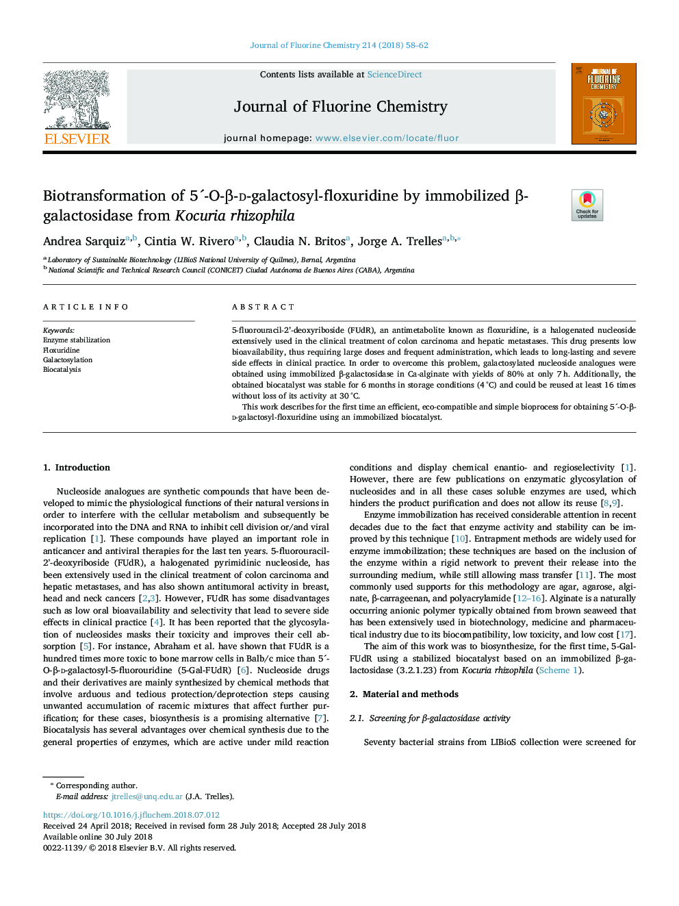 Biotransformation of 5Â´-O-Î²-d-galactosyl-floxuridine by immobilized Î²-galactosidase from Kocuria rhizophila