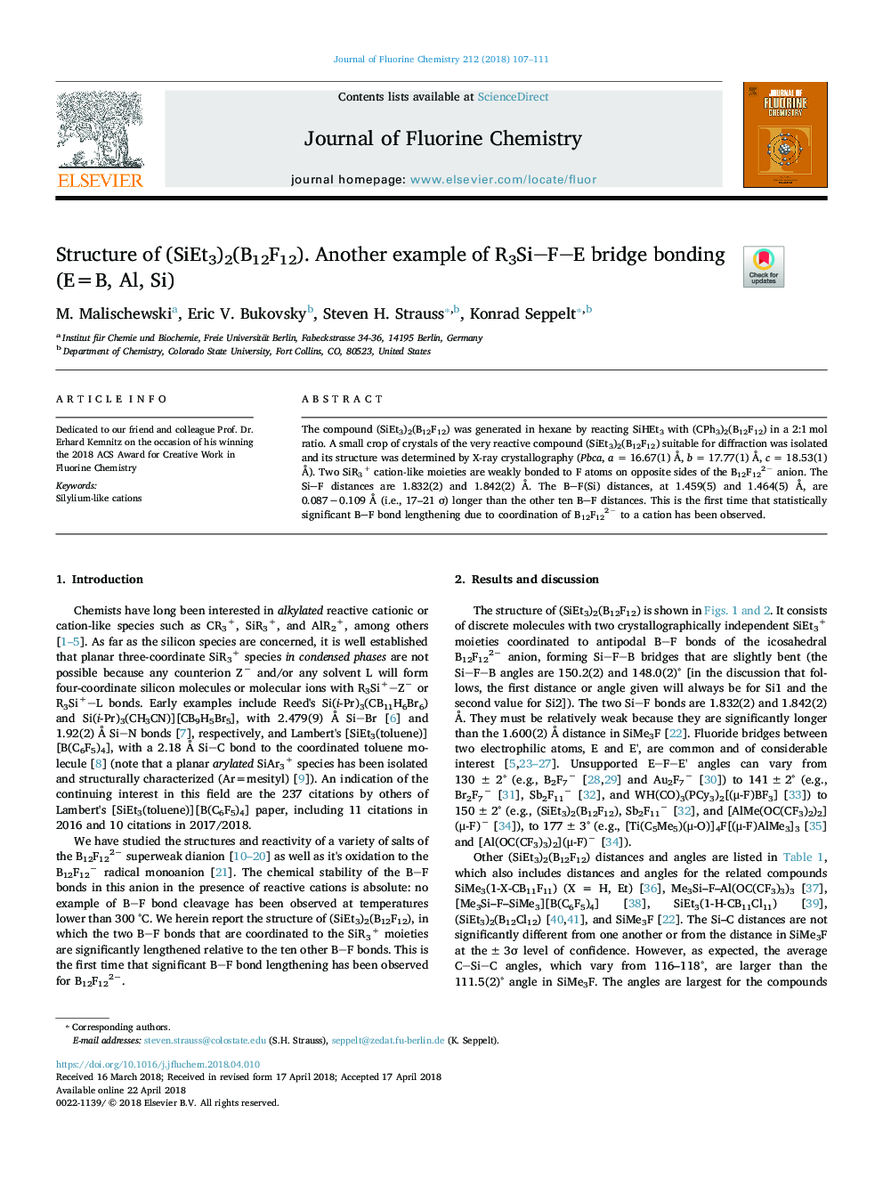 عکس صفحه اول مقاله: Structure of (SiEt3)2(B12F12). Another example of R3SiFE bridge bonding (E=B, Al, Si) Structure of (SiEt3)2(B12F12). Another example of R3SiFE bridge bonding (E=B, Al, Si)