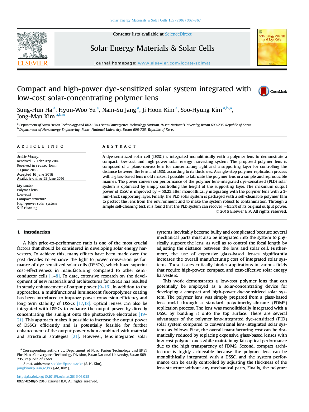 Compact and high-power dye-sensitized solar system integrated with low-cost solar-concentrating polymer lens