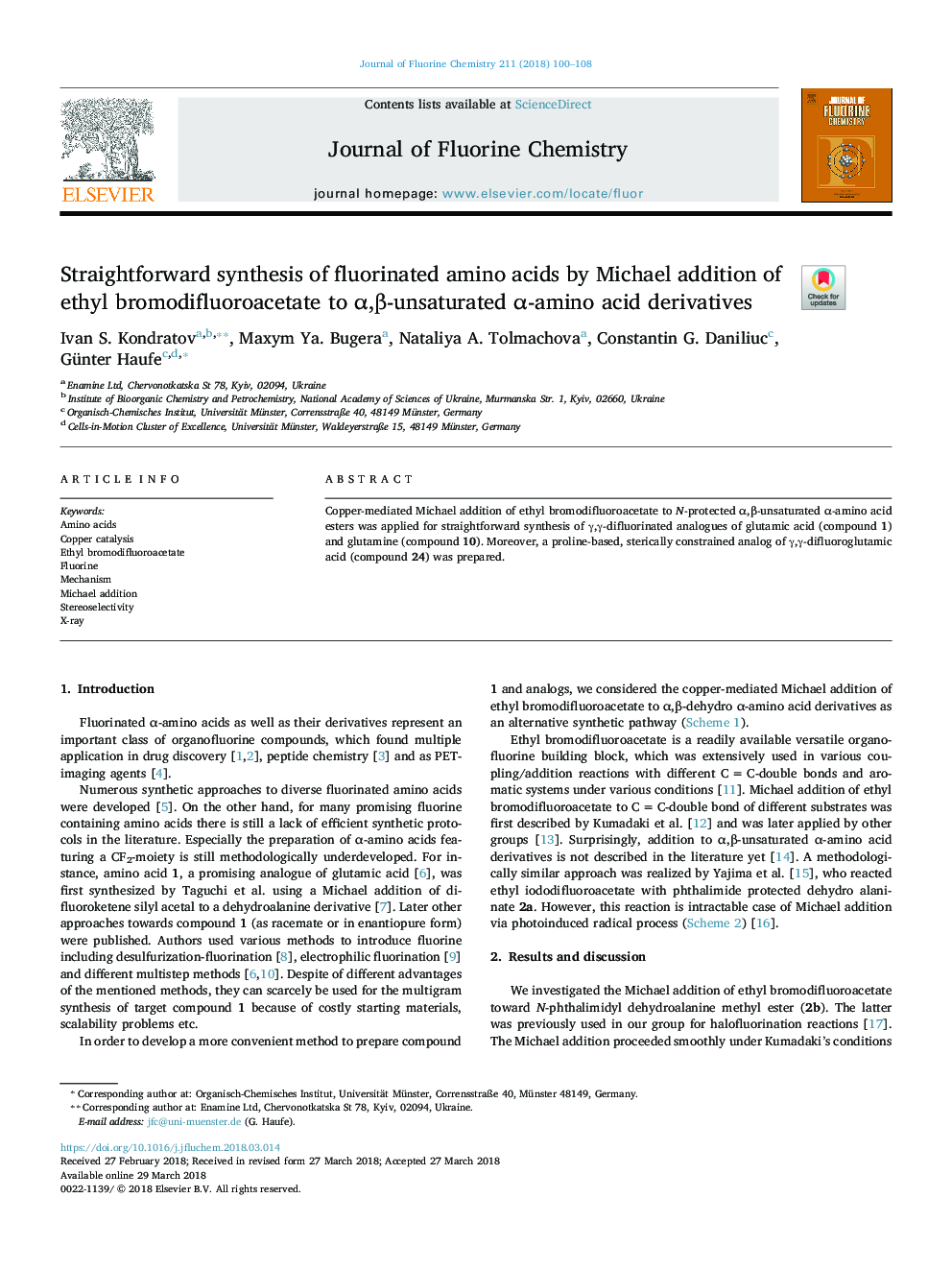 Straightforward synthesis of fluorinated amino acids by Michael addition of ethyl bromodifluoroacetate to Î±,Î²-unsaturated Î±-amino acid derivatives