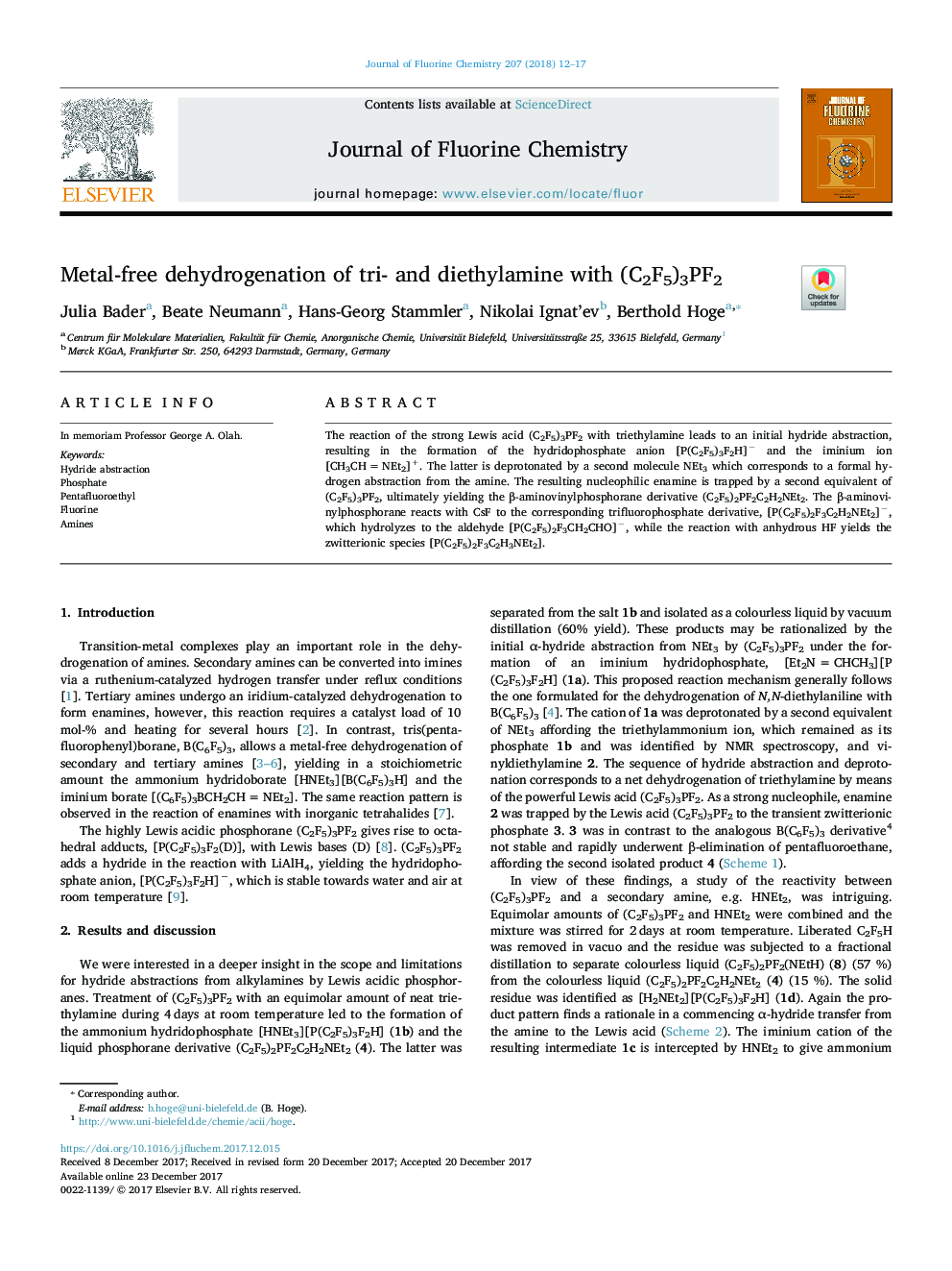 Metal-free dehydrogenation of tri- and diethylamine with (C2F5)3PF2