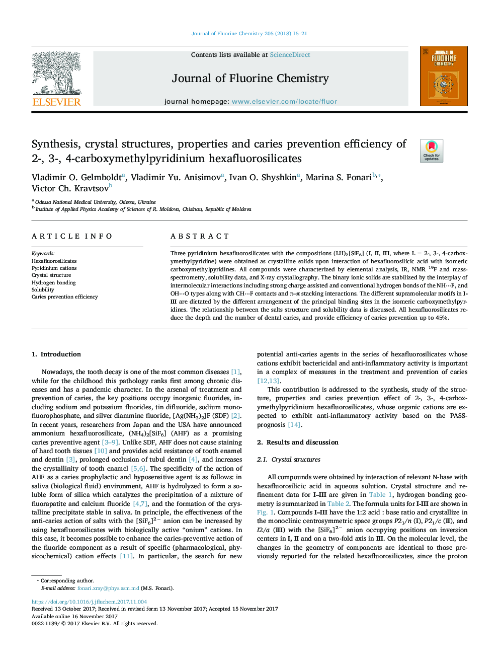 Synthesis, crystal structures, properties and caries prevention efficiency of 2-, 3-, 4-carboxymethylpyridinium hexafluorosilicates