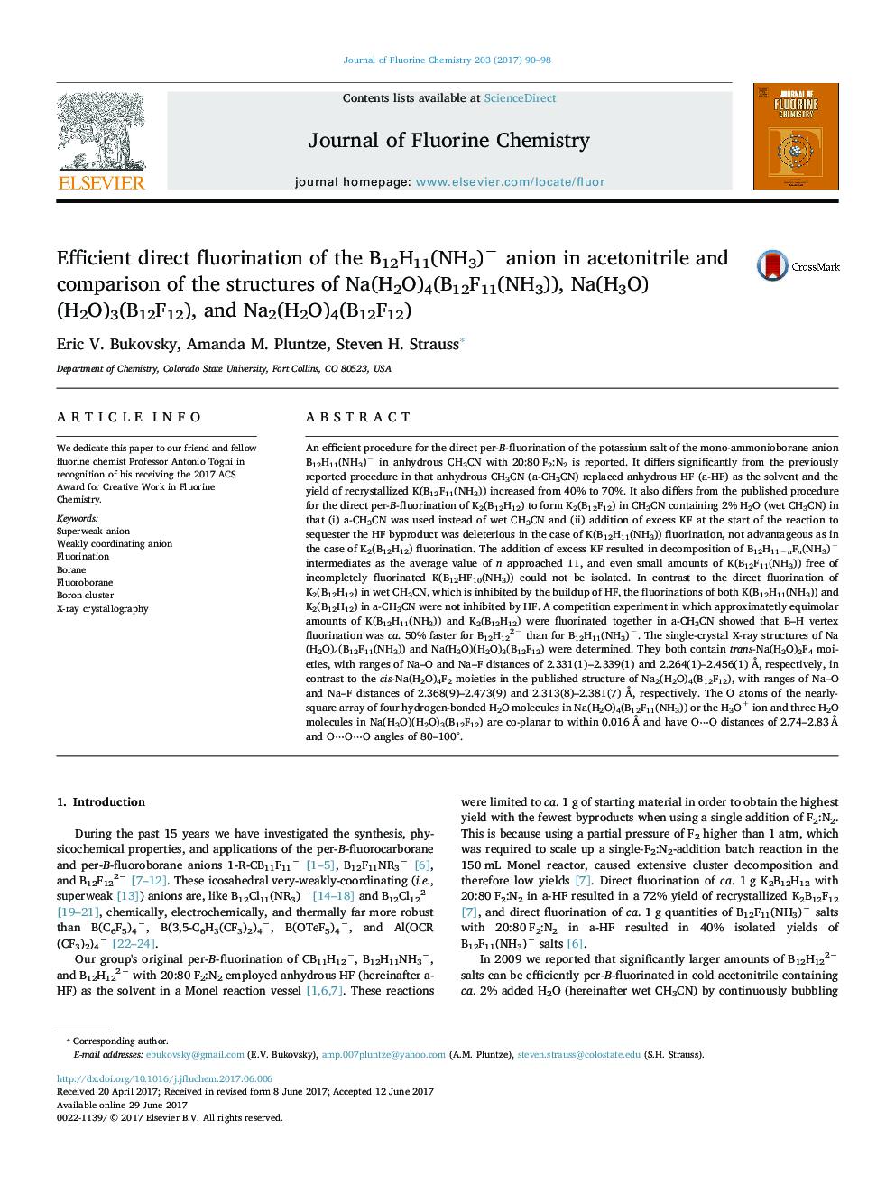 Efficient direct fluorination of the B12H11(NH3)â anion in acetonitrile and comparison of the structures of Na(H2O)4(B12F11(NH3)), Na(H3O)(H2O)3(B12F12), and Na2(H2O)4(B12F12)