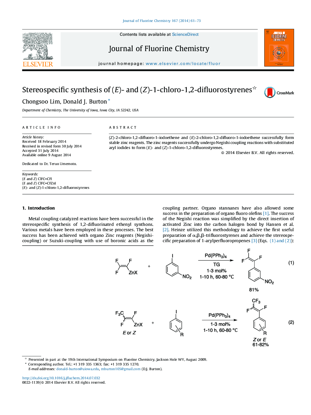 Stereospecific synthesis of (E)- and (Z)-1-chloro-1,2-difluorostyrenes