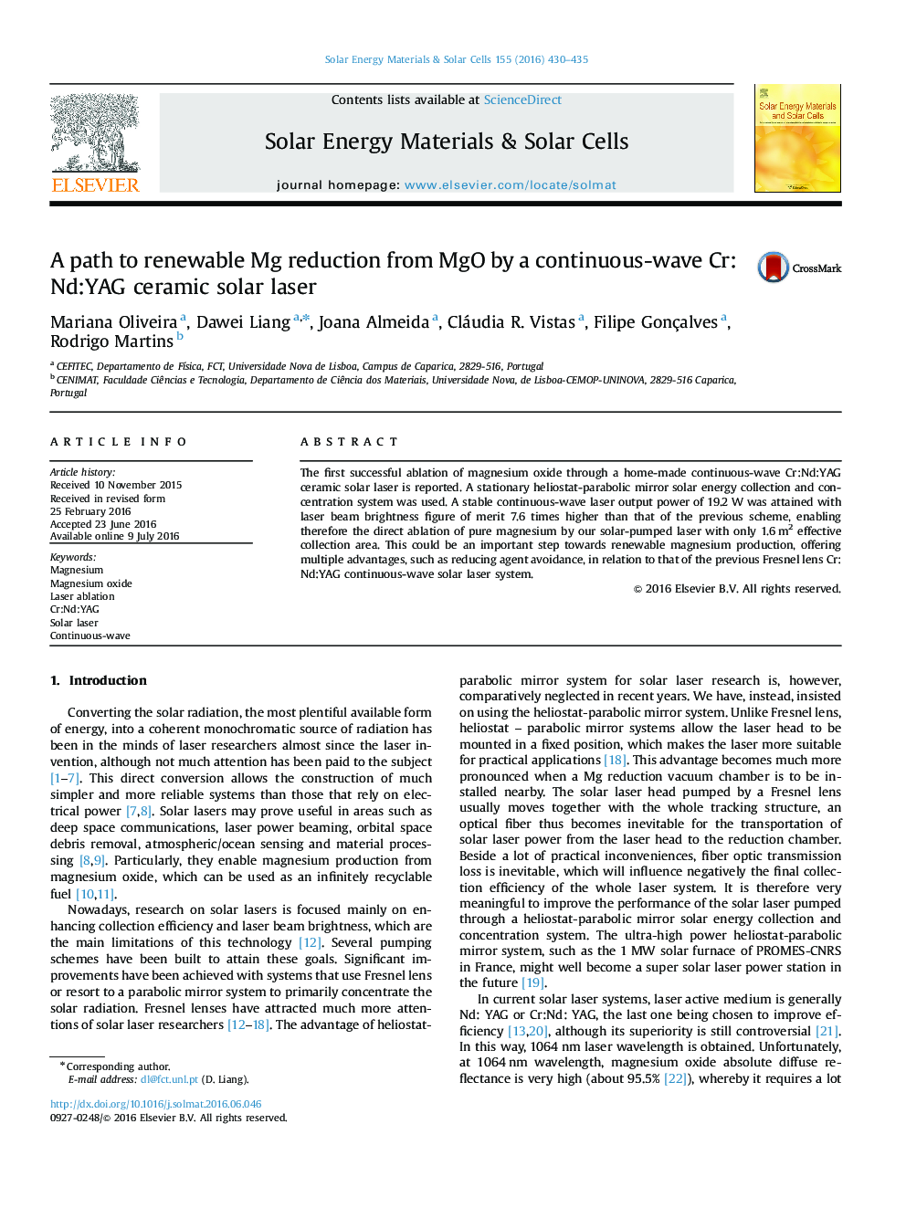 A path to renewable Mg reduction from MgO by a continuous-wave Cr:Nd:YAG ceramic solar laser