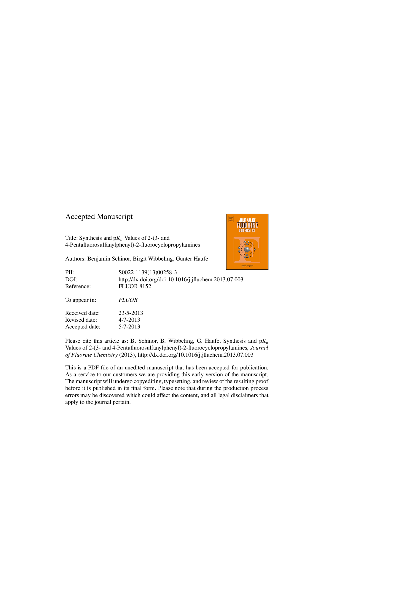 Synthesis and pKa values of 2-(3- and 4-pentafluorosulfanylphenyl)-2-fluorocyclopropylamines