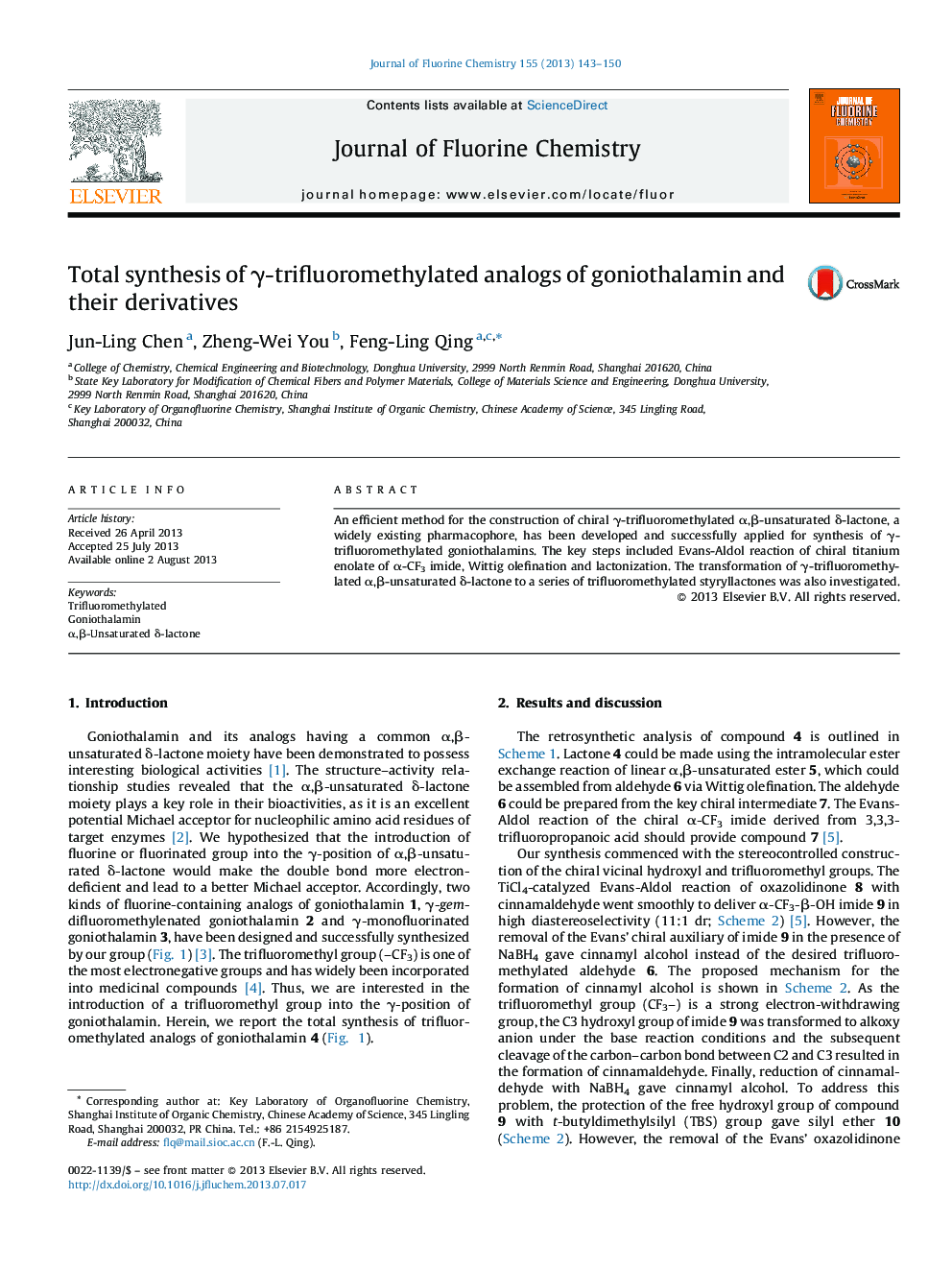 Total synthesis of Î³-trifluoromethylated analogs of goniothalamin and their derivatives