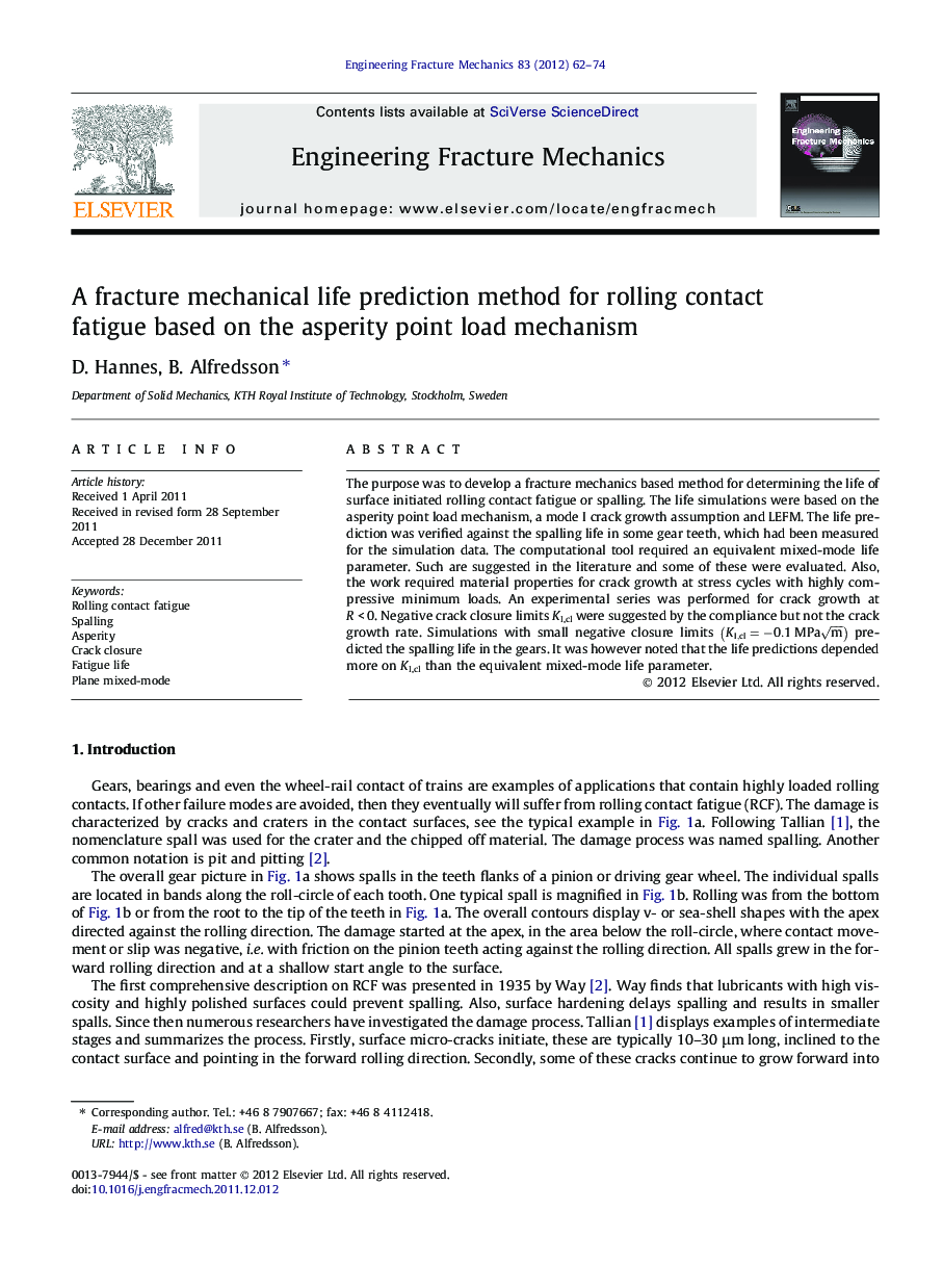 A fracture mechanical life prediction method for rolling contact fatigue based on the asperity point load mechanism